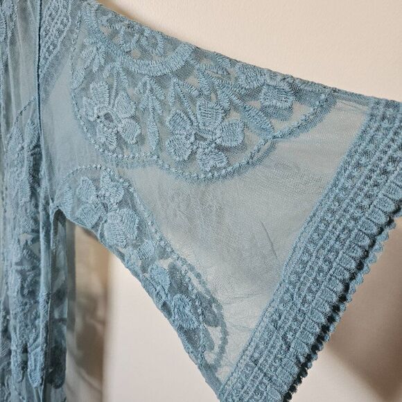 EUC FORGOTTEN GRACE LIGHT BLUE LACE/EMBROIDERED LONG DUSTER KIMONO JACKET S/M - Picture 6 of 12